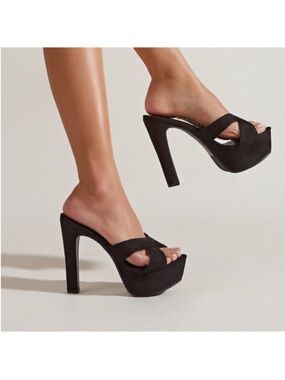 Black Platform Cross‑Strap High Heel Mule